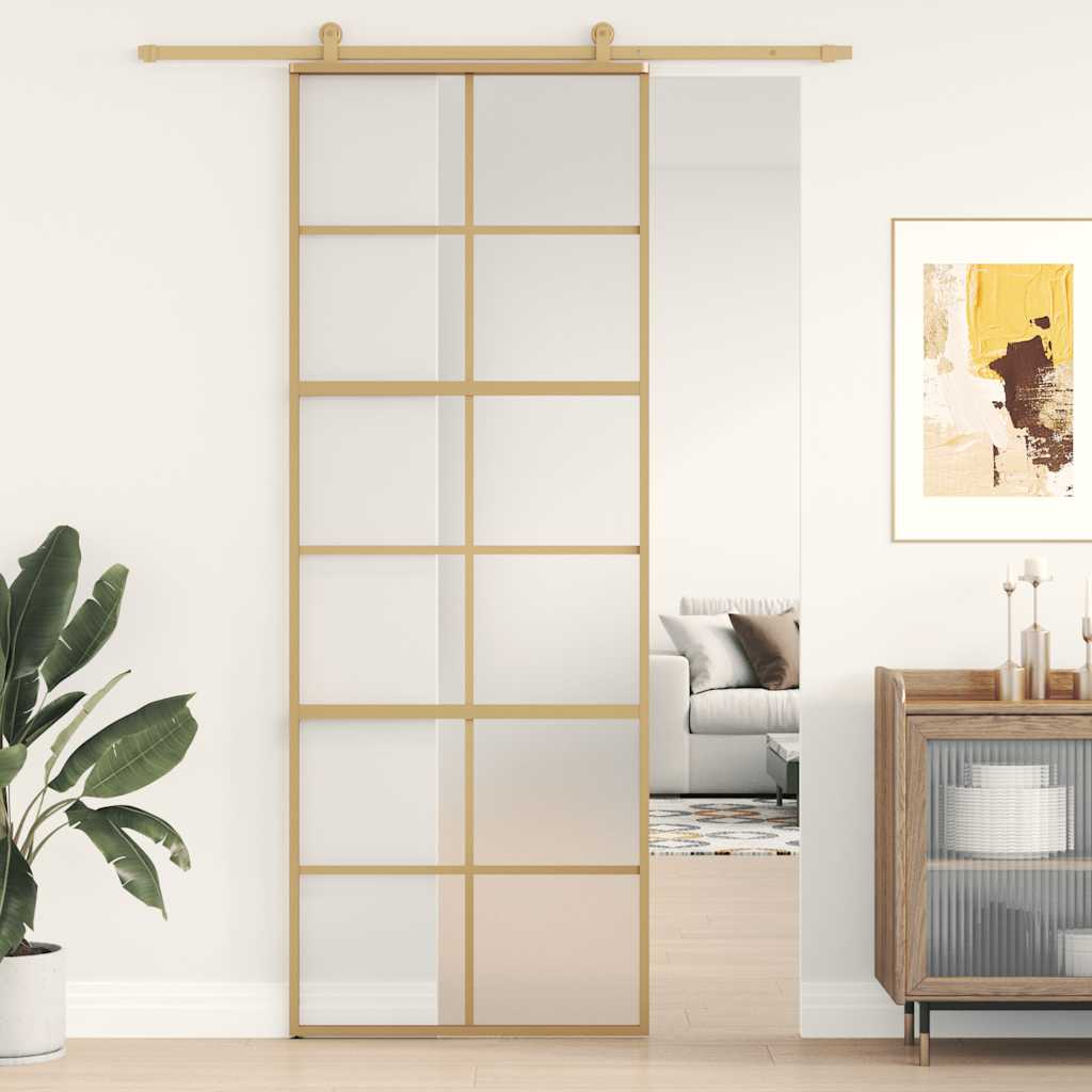 Binnendeur Smal 93X201,5 Cm Gehard Glas En Aluminium Goudkleur Goudkleurig En Mat