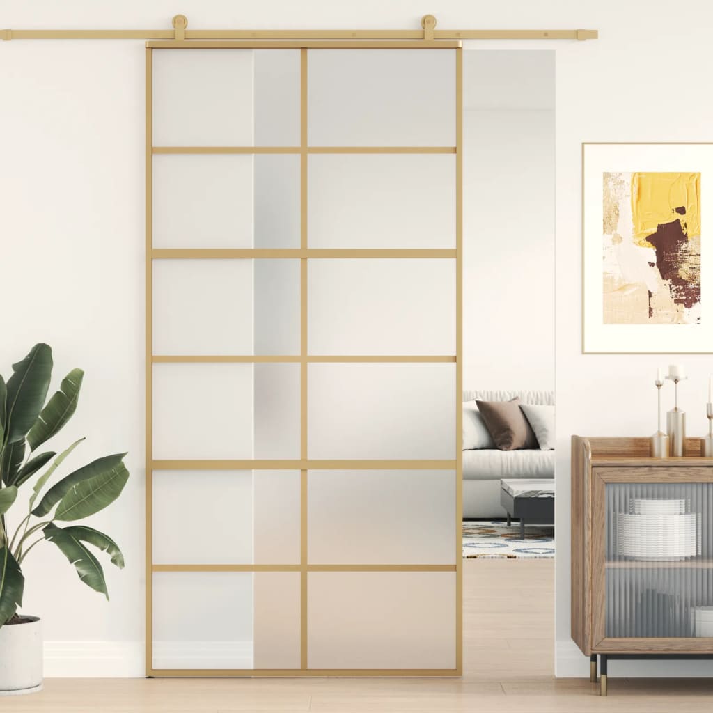Binnendeur Smal 93X201,5 Cm Gehard Glas En Aluminium Goudkleur Goudkleurig En Mat