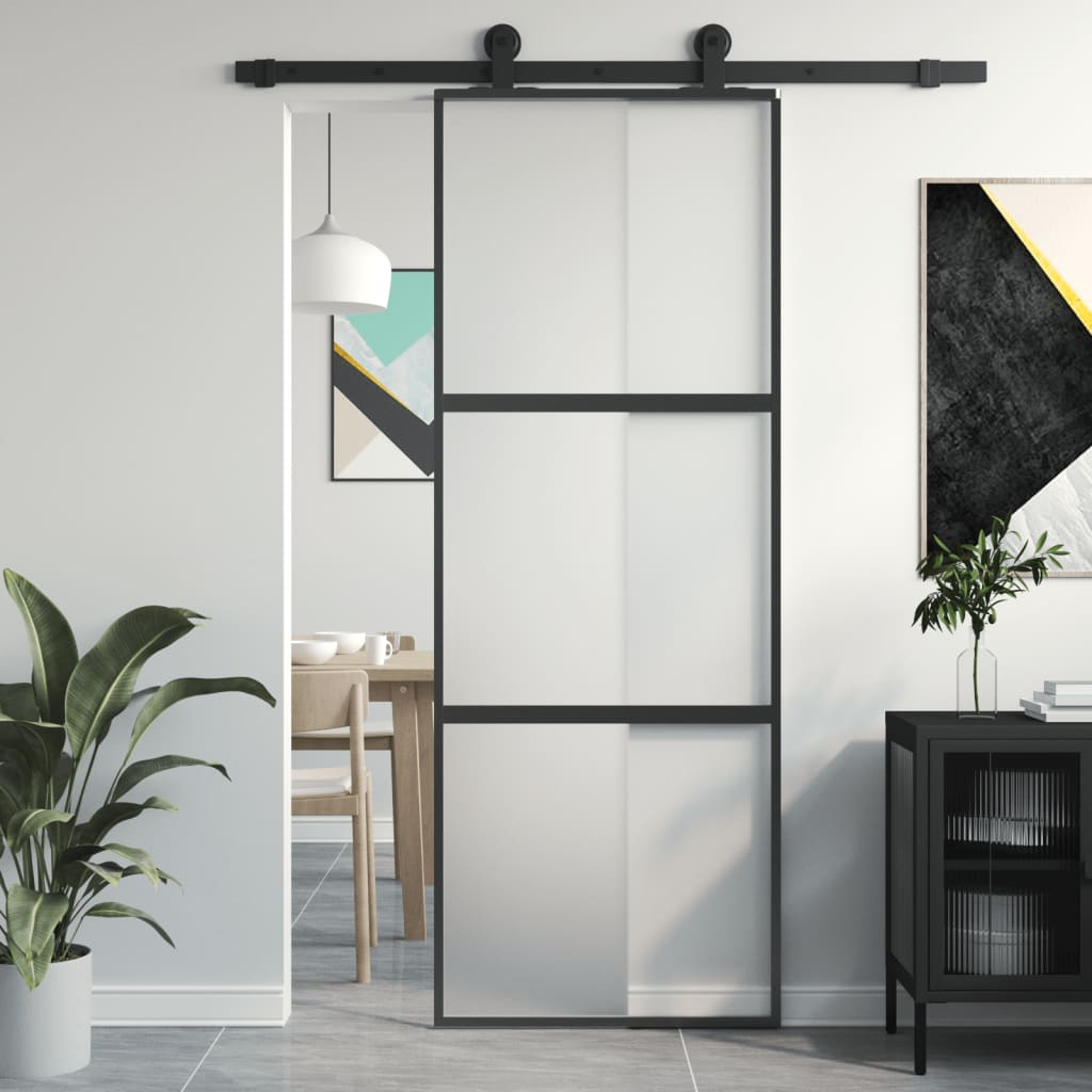 Binnendeur Smal 76X201,5 Cm Gehard Glas En Aluminium Zwart En Mat