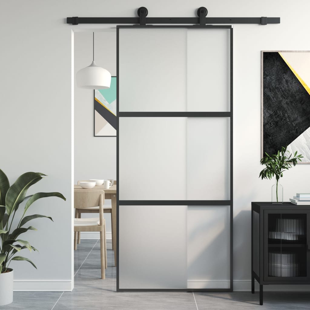 Binnendeur Smal 76X201,5 Cm Gehard Glas En Aluminium Zwart En Mat