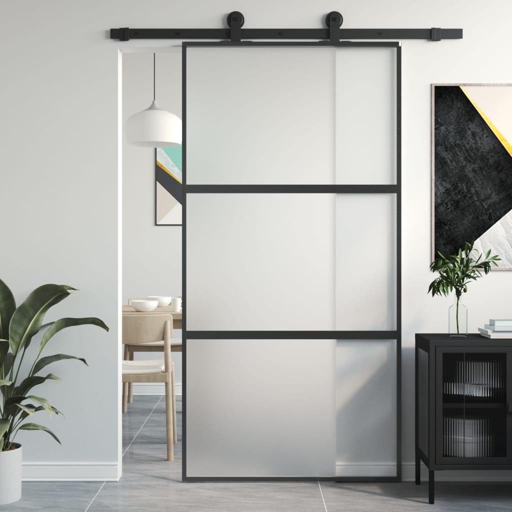 Binnendeur Smal 76X201,5 Cm Gehard Glas En Aluminium Zwart En Mat