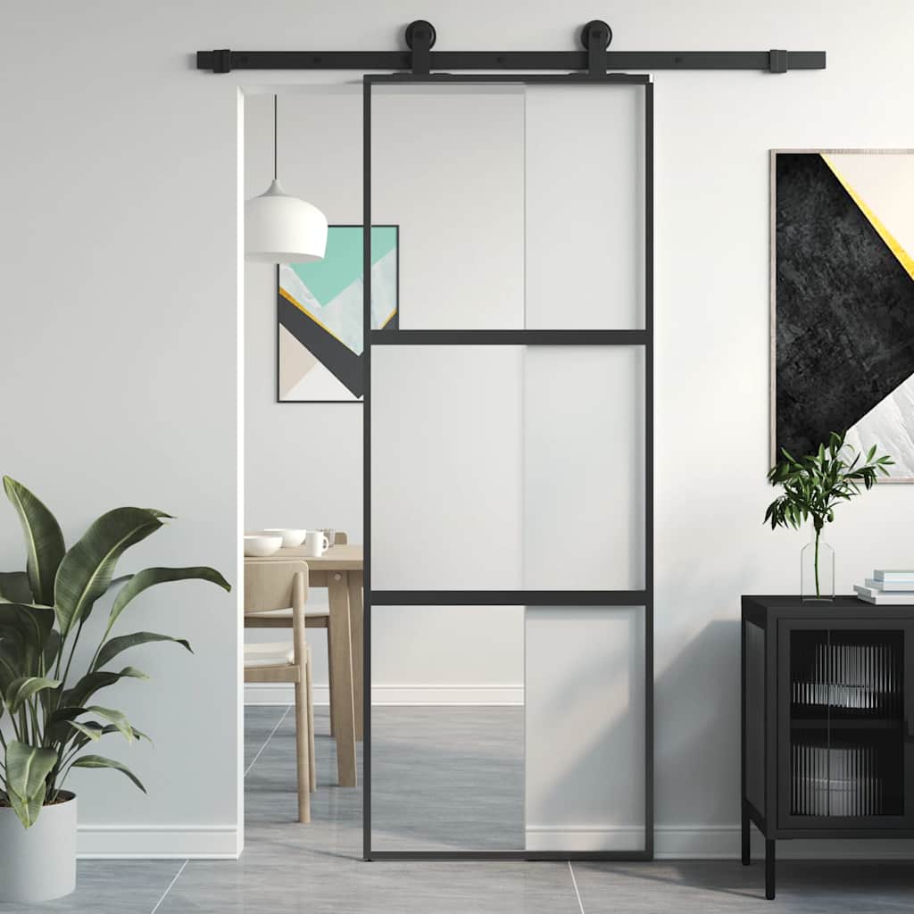 Binnendeur Smal 83X201,5 Cm Gehard Glas En Aluminium Zwart En Transparant En Mat