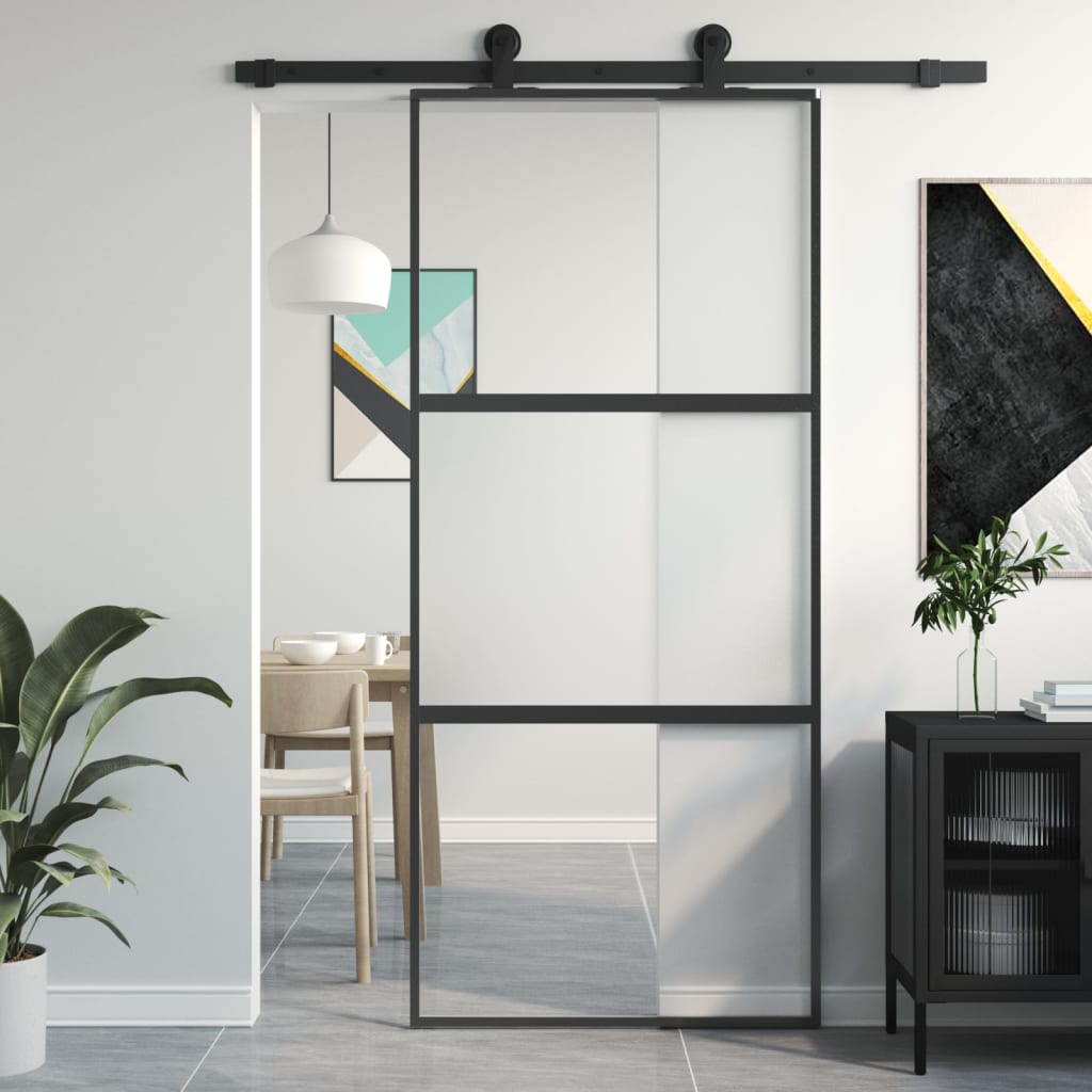 Binnendeur Smal 83X201,5 Cm Gehard Glas En Aluminium Zwart En Transparant En Mat