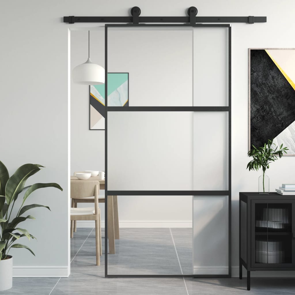 Binnendeur Smal 83X201,5 Cm Gehard Glas En Aluminium Zwart En Transparant En Mat