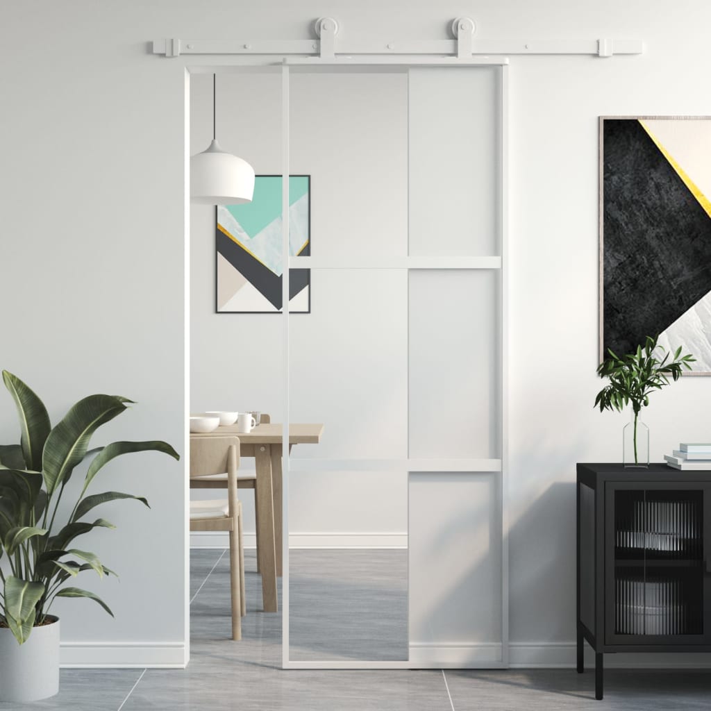 Binnendeur 93X201,5 Cm Gehard Glas En Aluminium Smal Wit En Transparant
