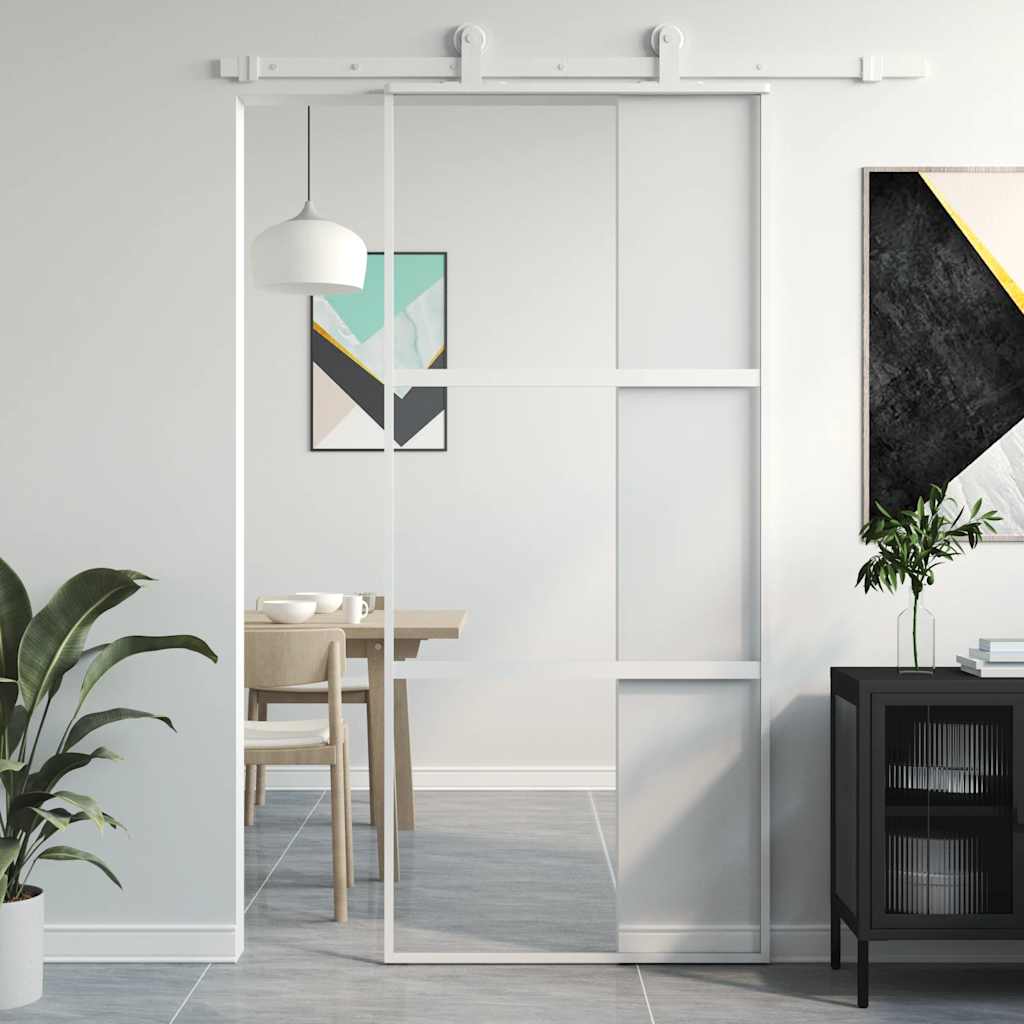 Binnendeur 93X201,5 Cm Gehard Glas En Aluminium Smal Wit En Transparant