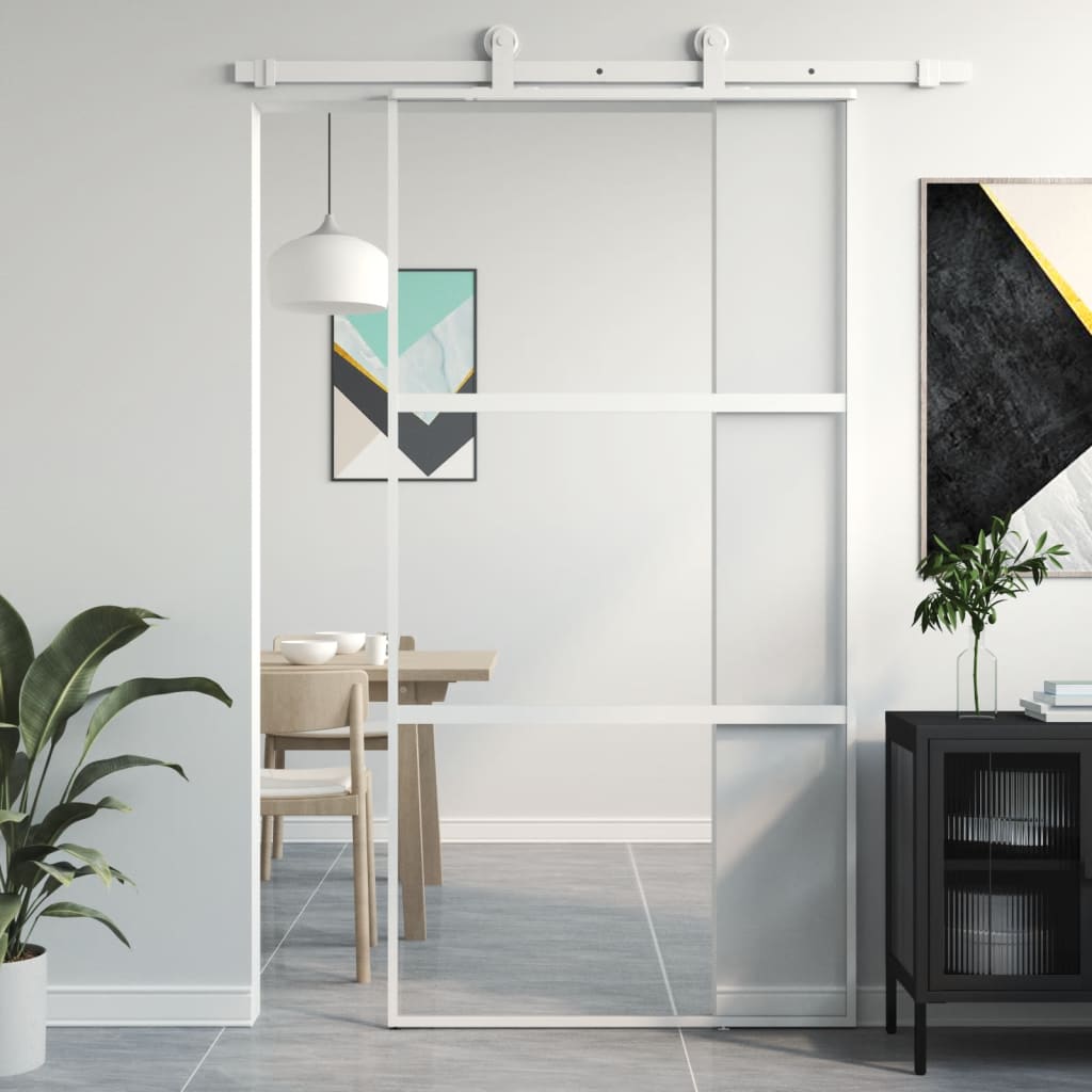 Binnendeur 93X201,5 Cm Gehard Glas En Aluminium Smal Wit En Transparant