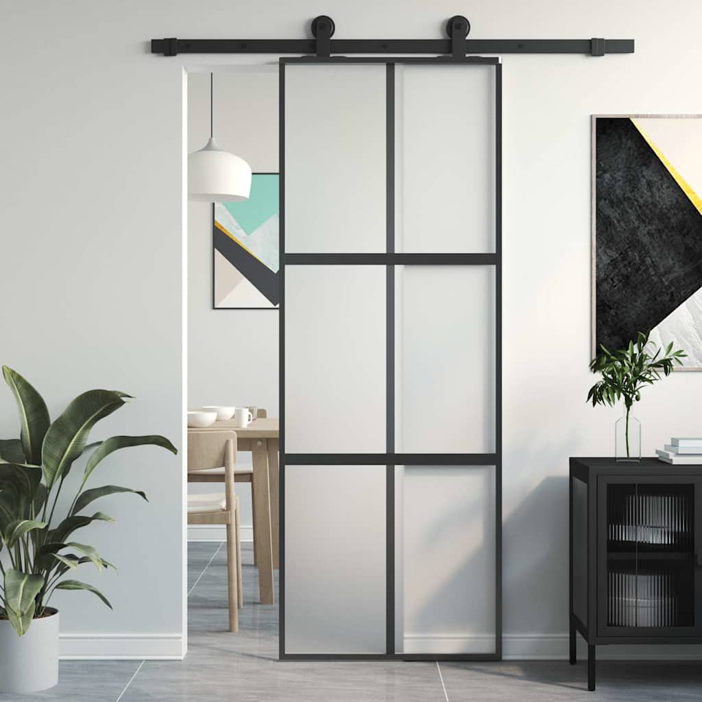 Binnendeur Smal 76X201,5 Cm Gehard Glas En Aluminium Zwart En Mat