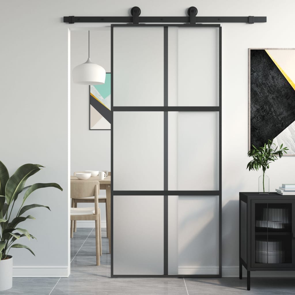 Binnendeur Smal 76X201,5 Cm Gehard Glas En Aluminium Zwart En Mat