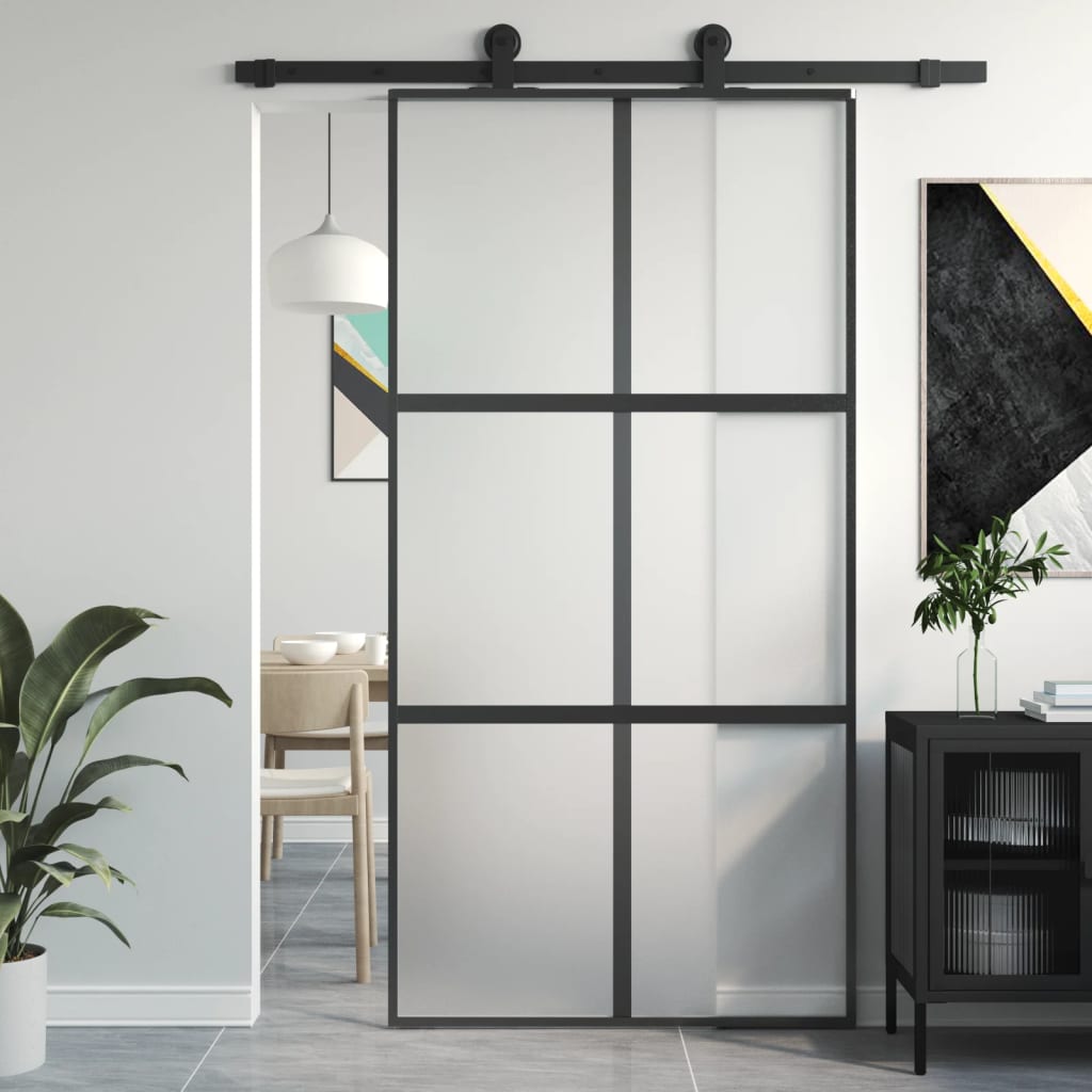 Binnendeur Smal 76X201,5 Cm Gehard Glas En Aluminium Zwart En Mat