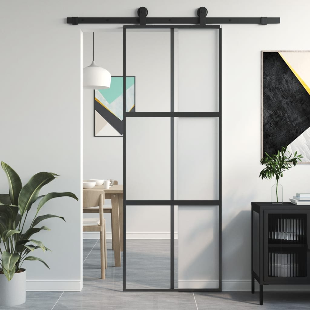 Binnendeur Smal 83X201,5 Cm Gehard Glas En Aluminium Zwart En Transparant En Mat