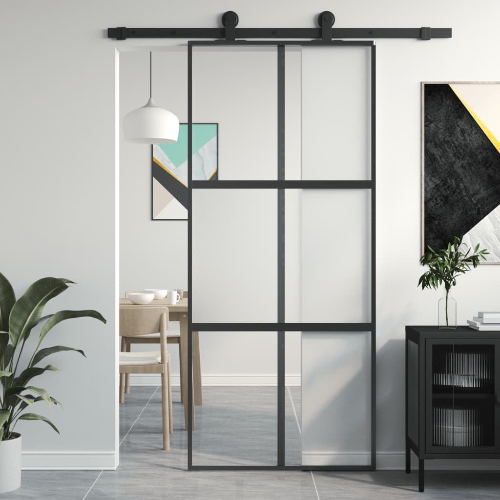 Binnendeur Smal 83X201,5 Cm Gehard Glas En Aluminium Zwart En Transparant En Mat
