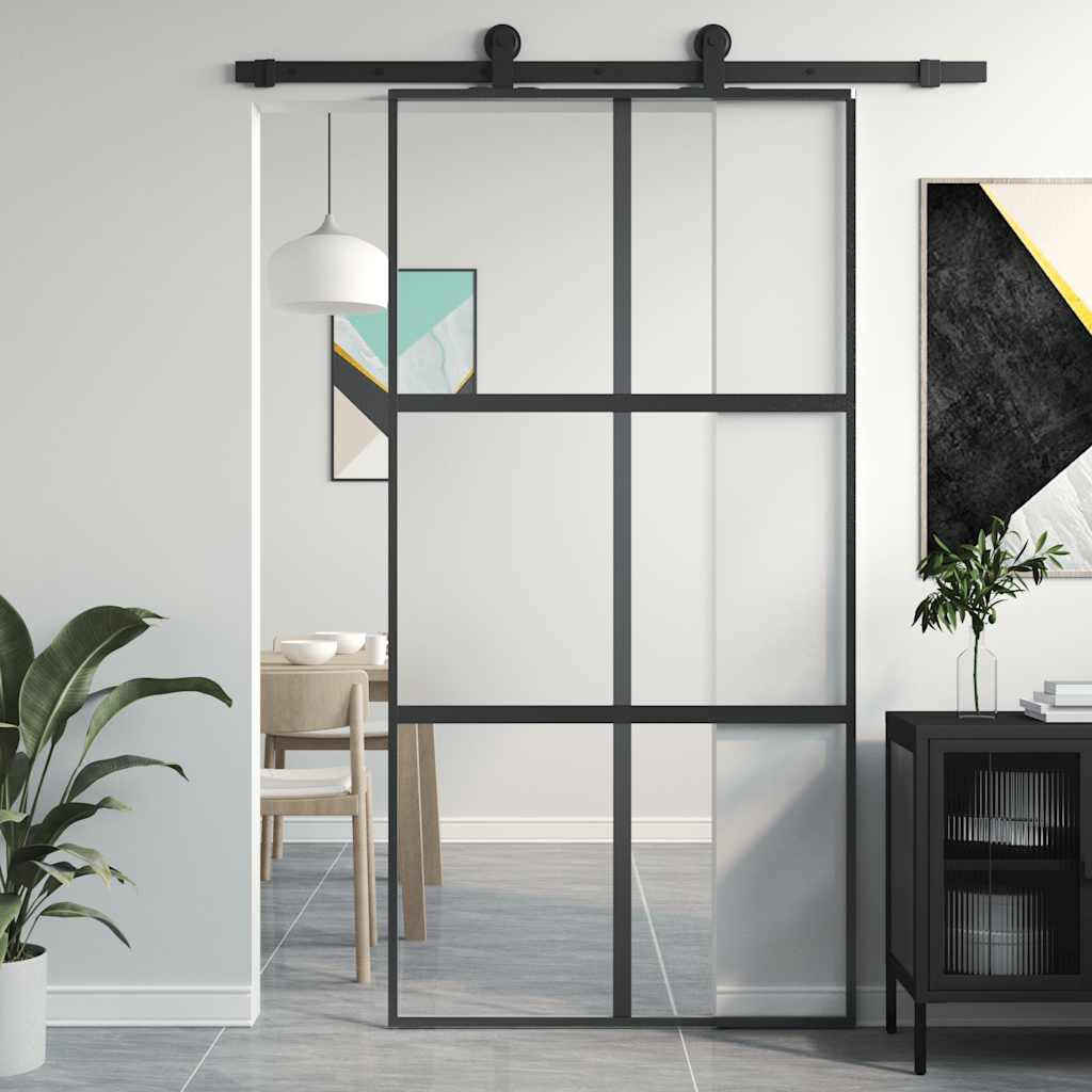 Binnendeur Smal 83X201,5 Cm Gehard Glas En Aluminium Zwart En Transparant En Mat