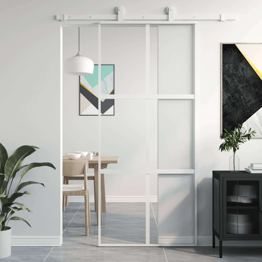 Binnendeur 93X201,5 Cm Gehard Glas En Aluminium Smal Wit En Transparant