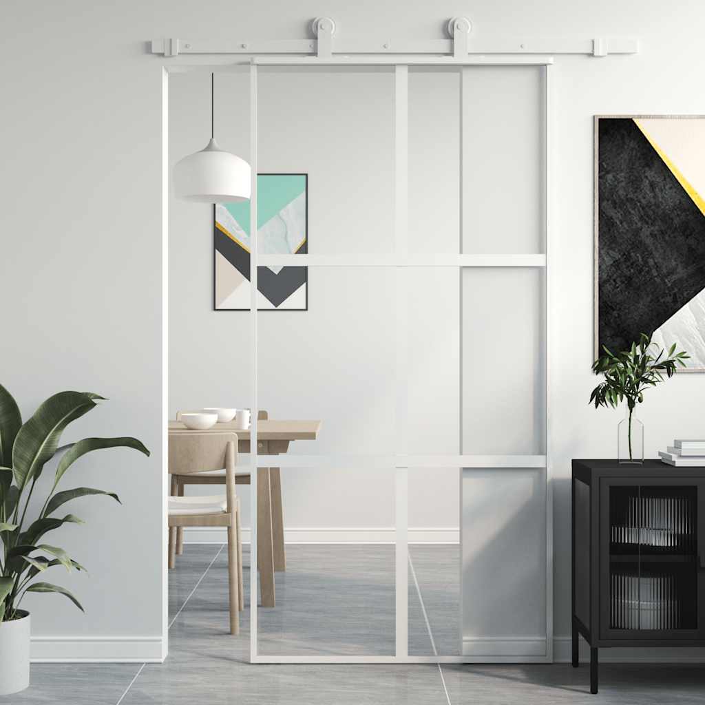 Binnendeur 93X201,5 Cm Gehard Glas En Aluminium Smal Wit En Transparant