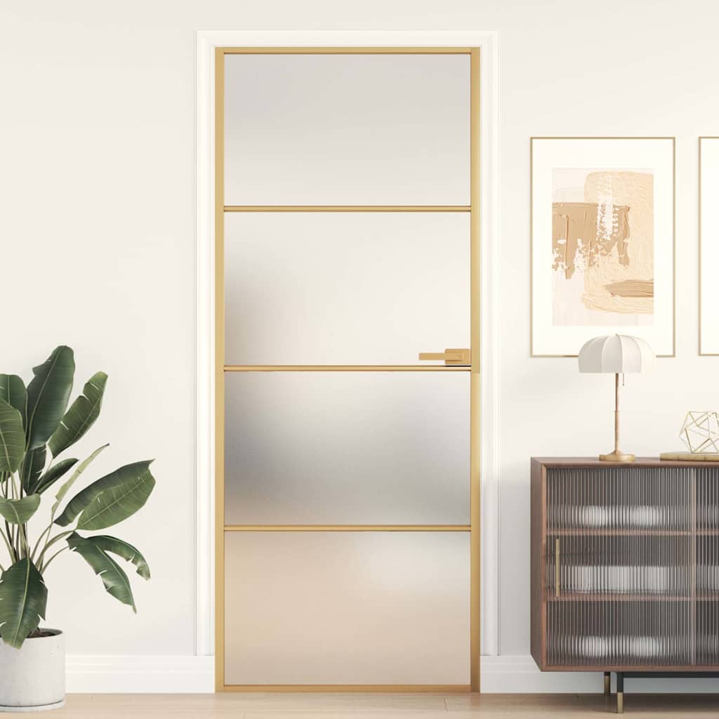 Binnendeur Smal 93X201,5 Cm Gehard Glas En Aluminium Goudkleur Goudkleurig En Mat