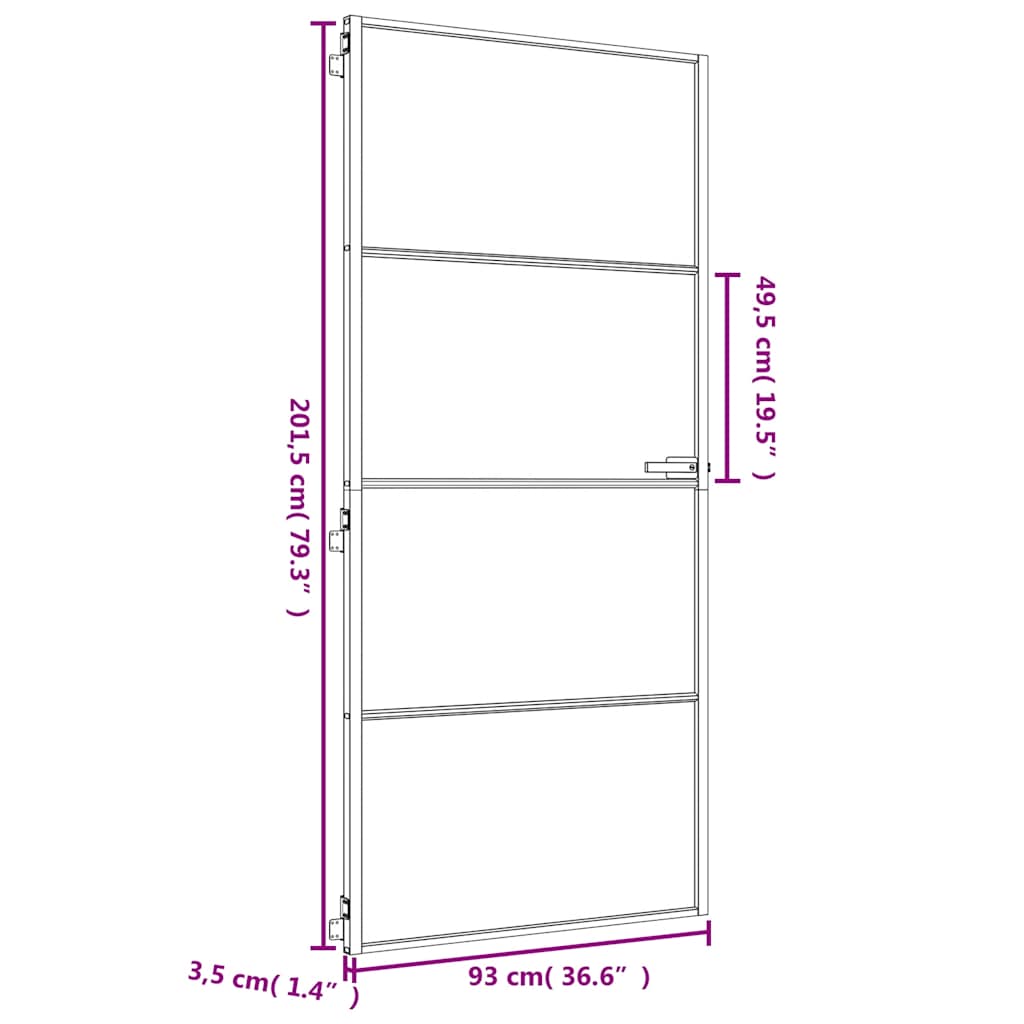 Binnendeur Smal 93X201,5 Cm Gehard Glas En Aluminium Goudkleur Goudkleurig En Mat
