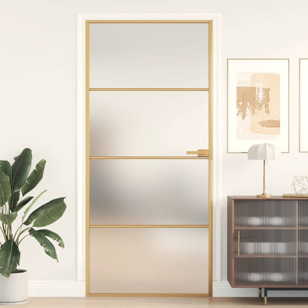 Binnendeur Smal 93X201,5 Cm Gehard Glas En Aluminium Goudkleur Goudkleurig En Mat