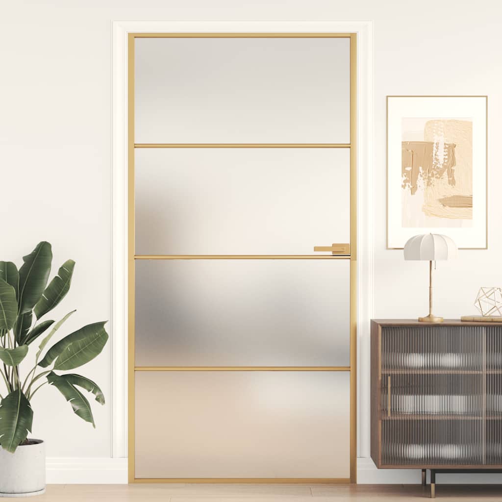 Binnendeur Smal 93X201,5 Cm Gehard Glas En Aluminium Goudkleur Goudkleurig En Mat