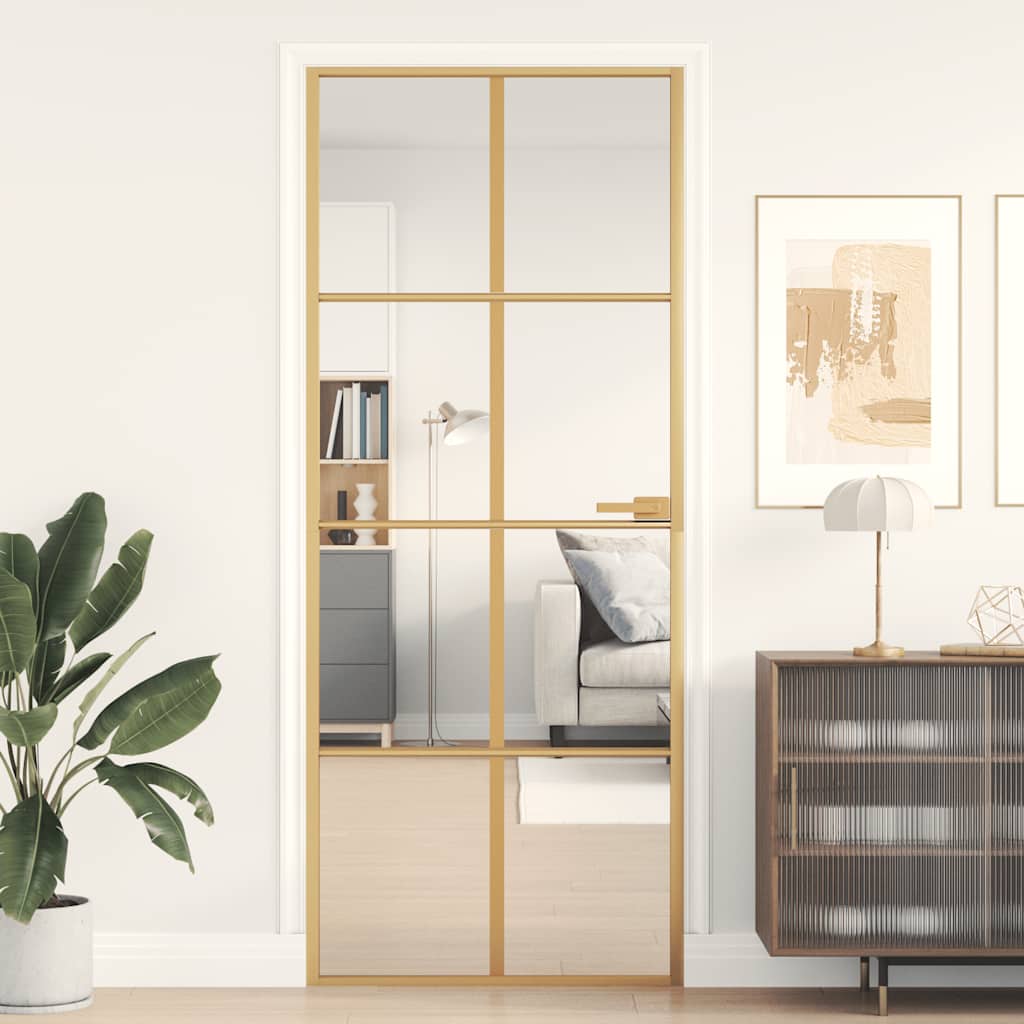 Binnendeur Smal 102,5X201,5 Cm Gehard Glas En Aluminium Goud En Transparant