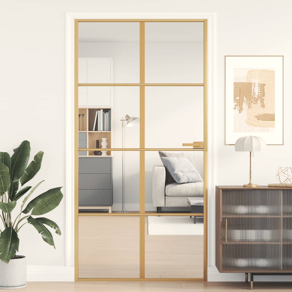 Binnendeur Smal 102,5X201,5 Cm Gehard Glas En Aluminium Goud En Transparant