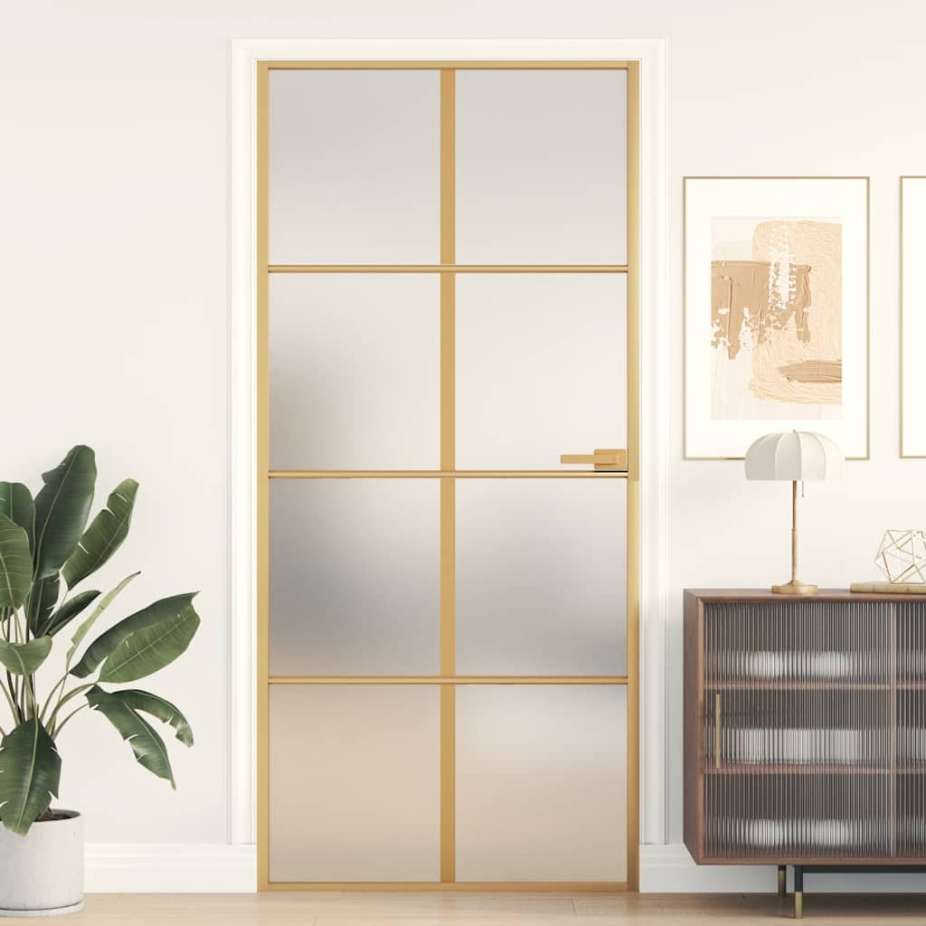 Binnendeur Smal 93X201,5 Cm Gehard Glas En Aluminium Goudkleur Goudkleurig En Mat