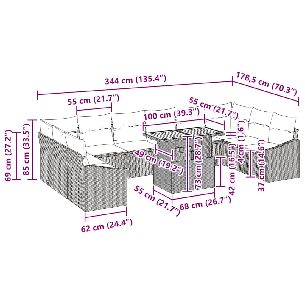 Tuin Eetset Met Kussen 11 Pcs 100 X 55 X 73 Cm