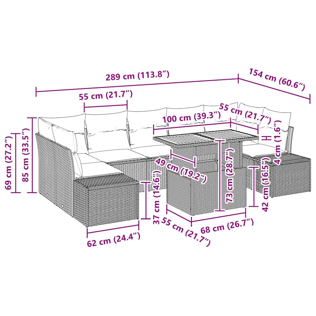 Tuin Eetset Met Kussen 8 Pcs 100 X 55 X 73 Cm