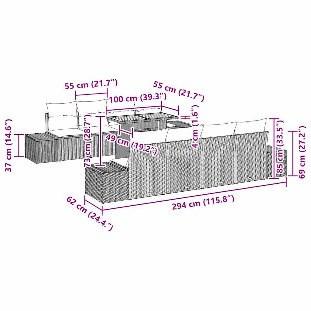Tuin Eetset Met Kussen 9 Pcs 100 X 55 X 73 Cm