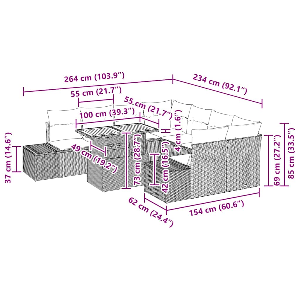 Tuin Eetset Met Kussen 9 Pcs 100 X 55 X 73 Cm