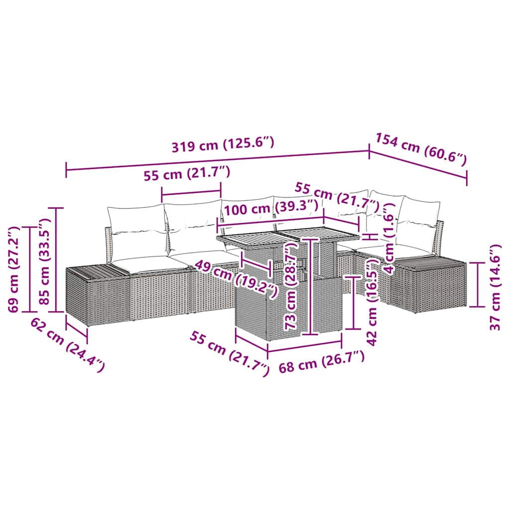 Tuin Eetset Met Kussen 7 Pcs 100 X 55 X 73 Cm
