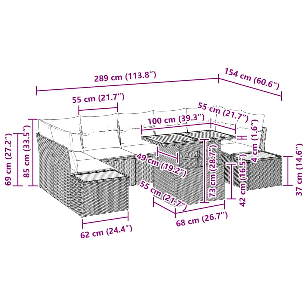 Tuin Eetset Met Kussen 8 Pcs En Beige 100 X 55 X 73 Cm