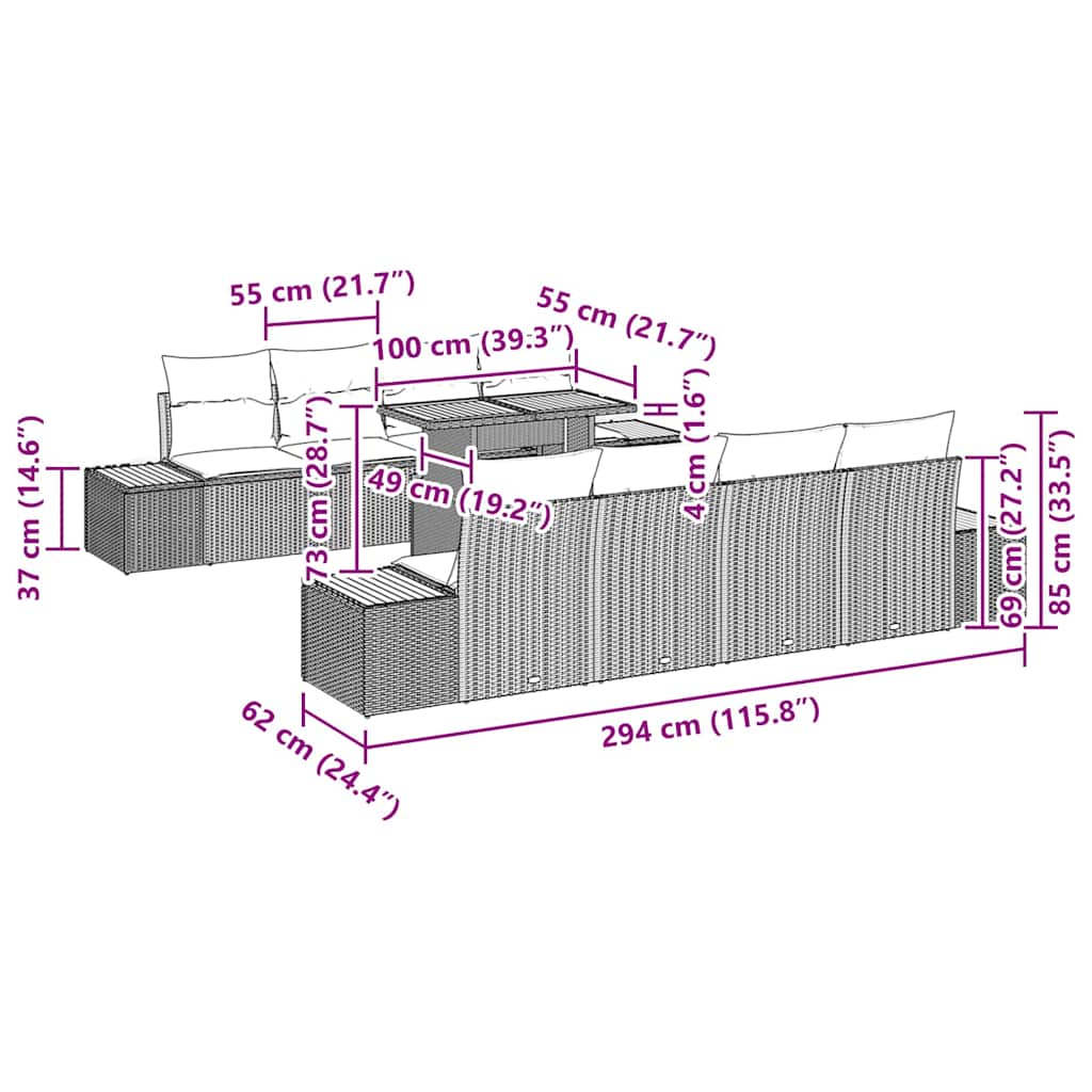 Tuin Eetset Met Kussen 9 Pcs En Beige 100 X 55 X 73 Cm