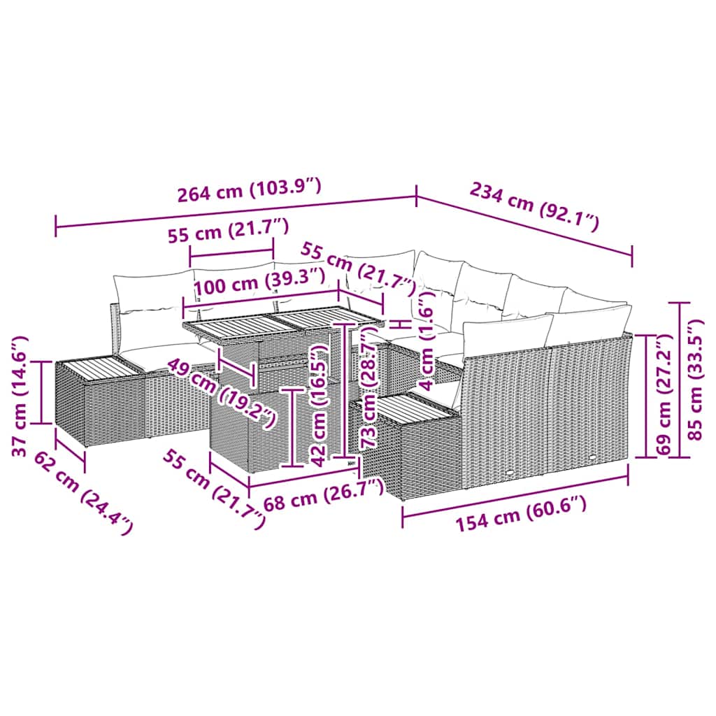 Tuin Eetset Met Kussen 9 Pcs En Beige 100 X 55 X 73 Cm