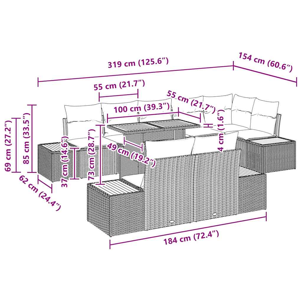 Tuin Eetset Met Kussen 9 Pcs En Beige 100 X 55 X 73 Cm