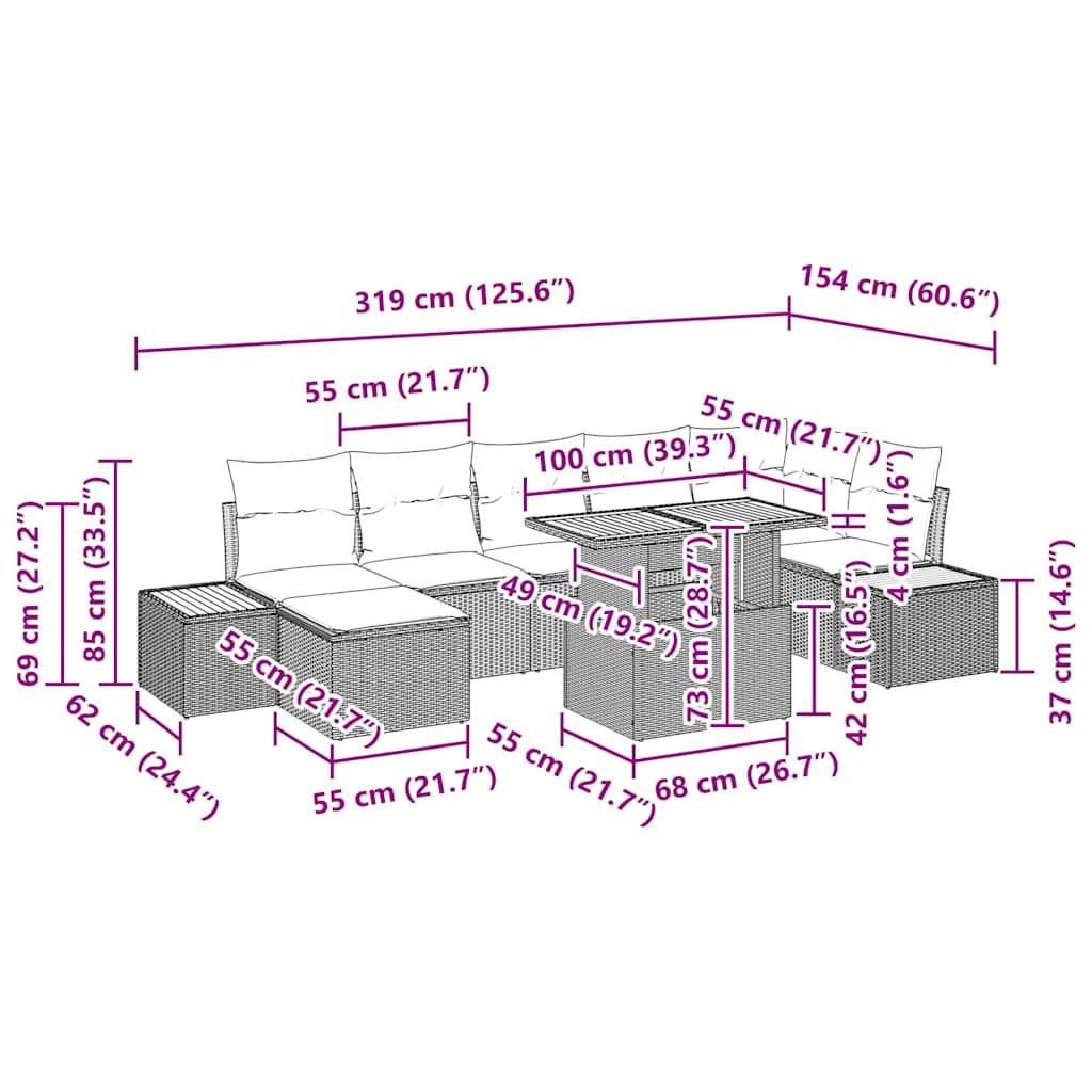 Tuin Eetset Met Kussen 8 Pcs En Bruin
