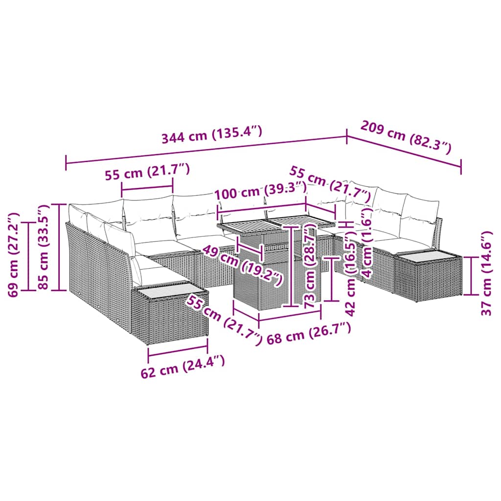 Tuin Eetset Met Kussen 11 Pcs En Beige 100 X 55 X 73 Cm