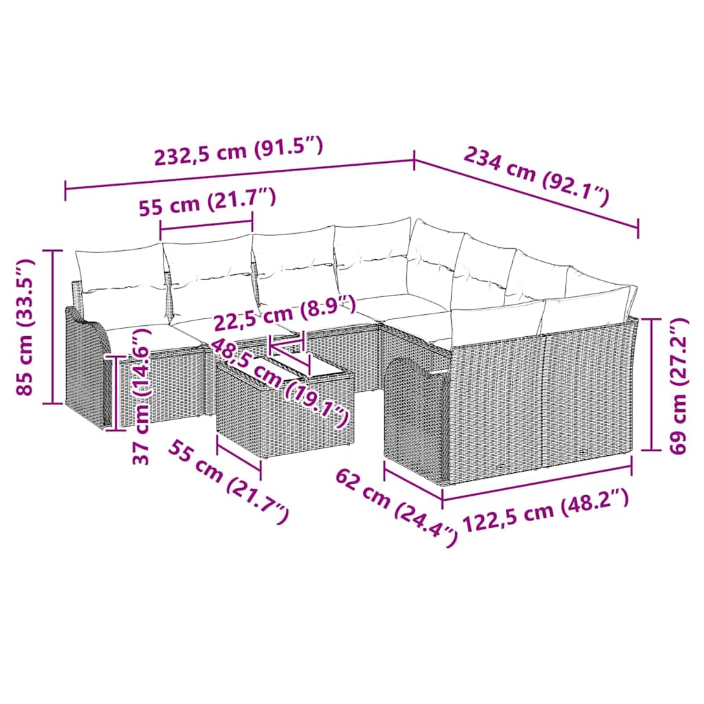 Tuin Sofa Set Met Kussen 9 Pcs 55 X 55 X 37 Cm Poly Riet