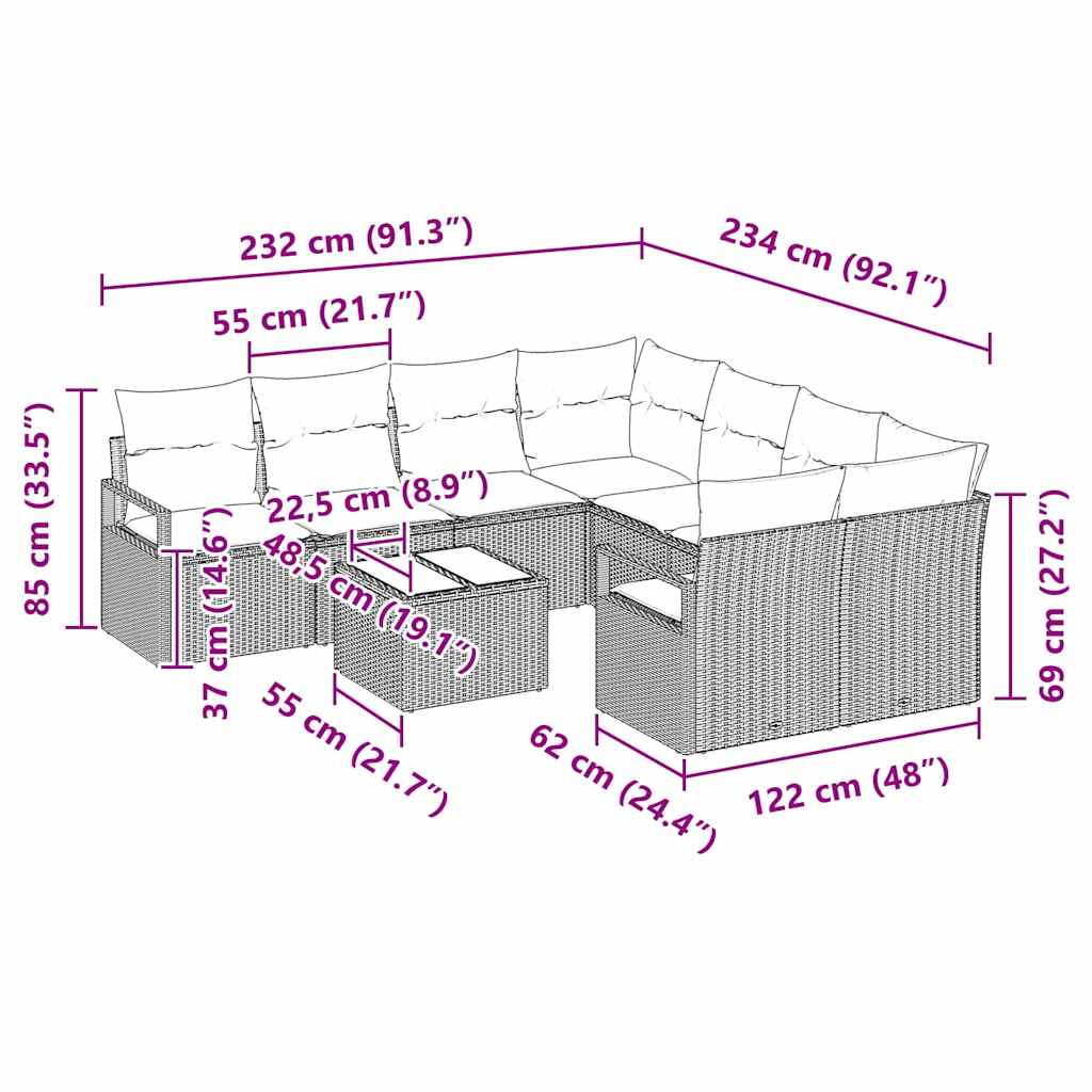 Tuin Sofa Set 9 Pcs 55 X 55 X 37 Cm Poly Rattan