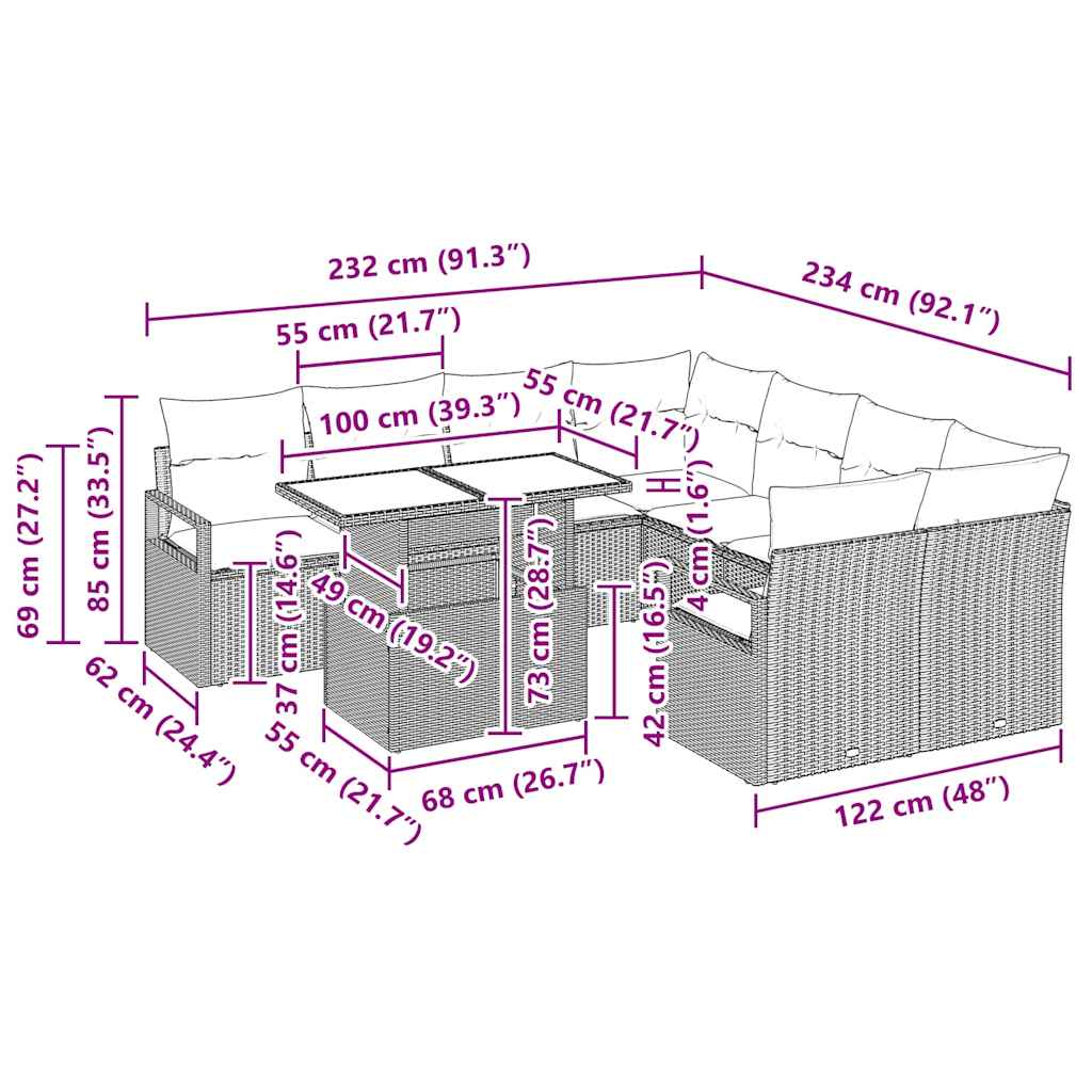 Tuin Sofa Set Met Kussen 9 Pcs 100 X 55 X 73 Cm