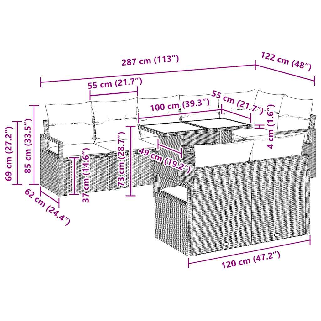 Tuin Sofa Set Met Kussen 9 Pcs 100 X 55 X 73 Cm