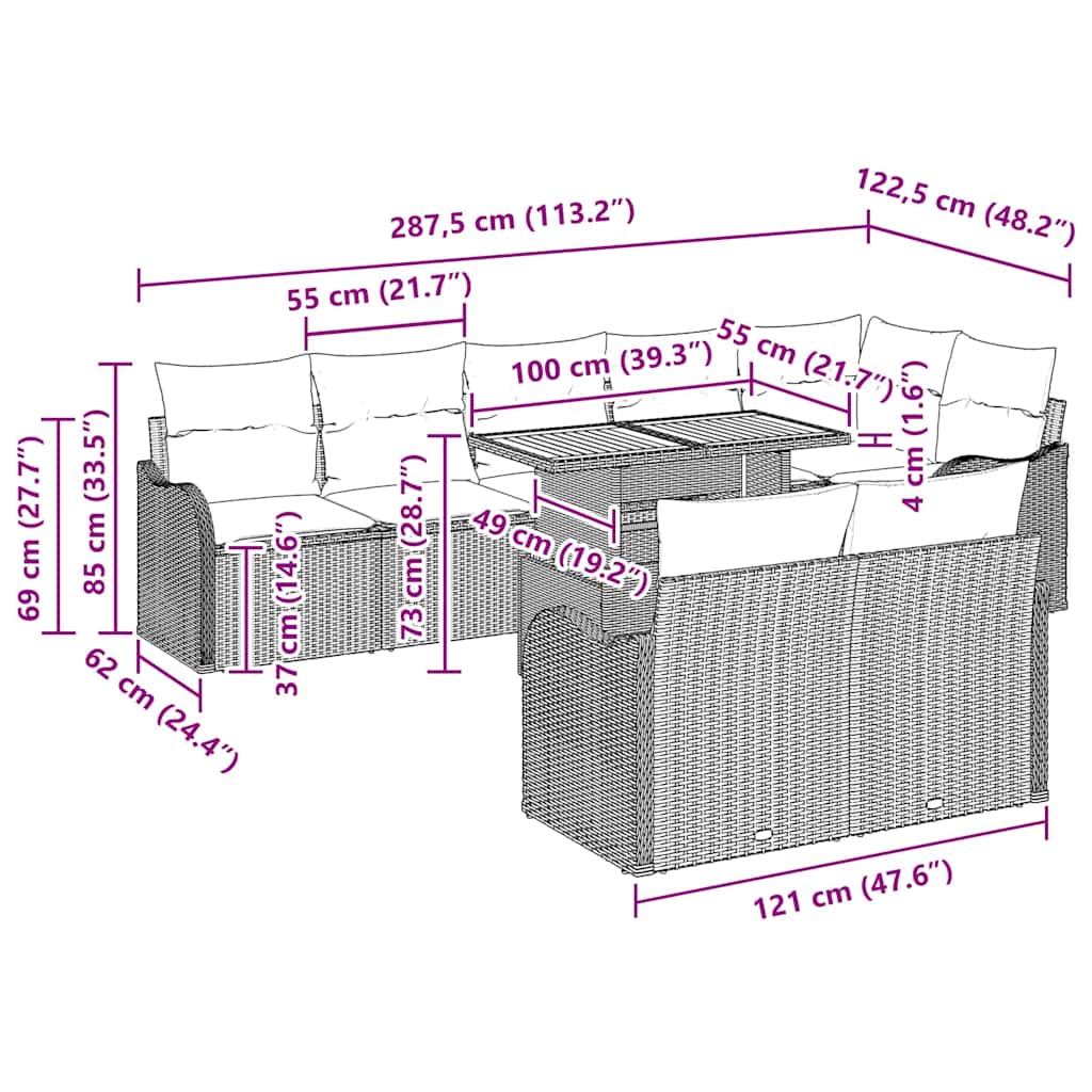 Tuin Sofa Set Met Kussen 9 Pcs 100 X 55 X 73 Cm