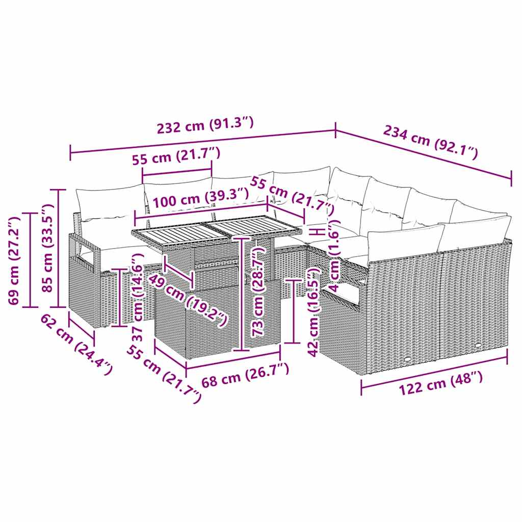 Tuin Eetset Met Kussen 9 Pcs 100 X 55 X 73 Cm