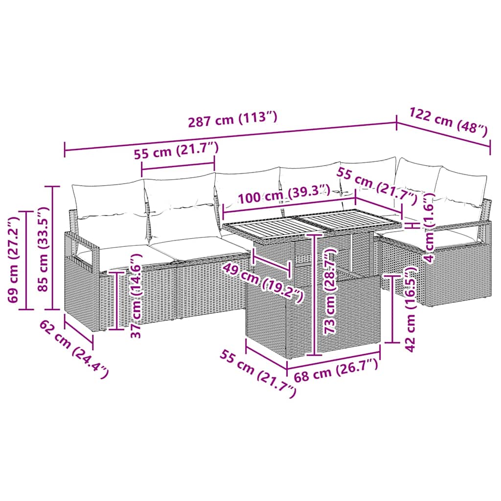 Tuin Eetset Met Kussen 7 Pcs 100 X 55 X 73 Cm