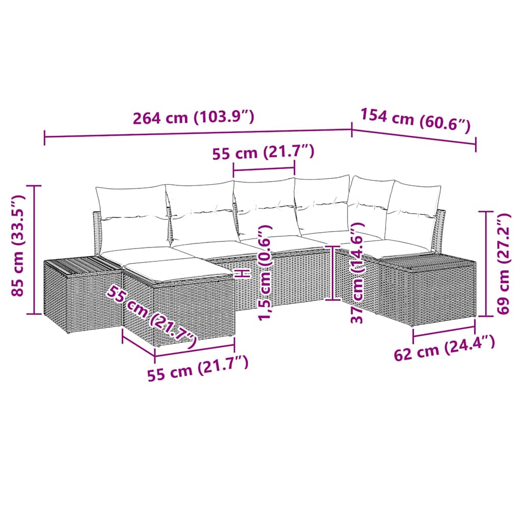 Tuin Sofa Set 6 Pcs 264 X 154 X 85 Cm Poly Riet