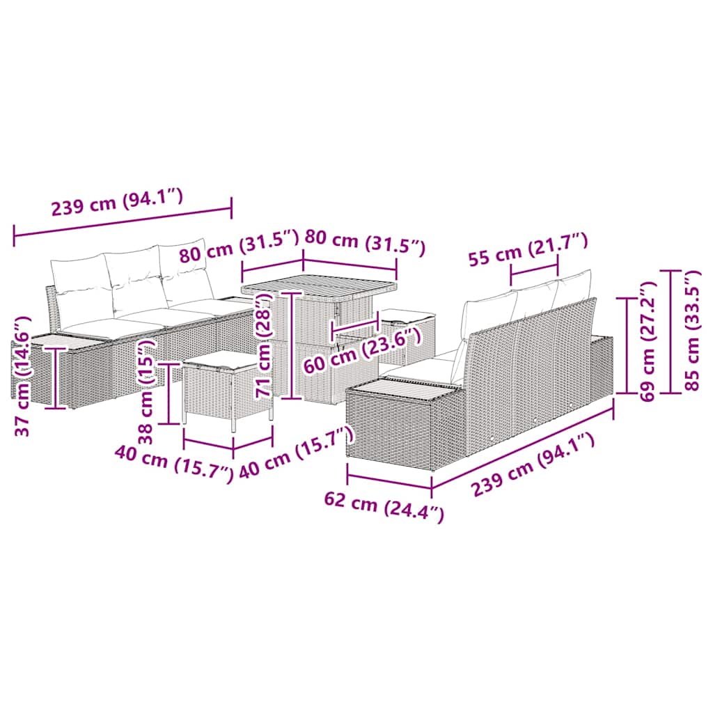 Tuin Sofa Set Met Kussen 9 Pcs Poly Riet