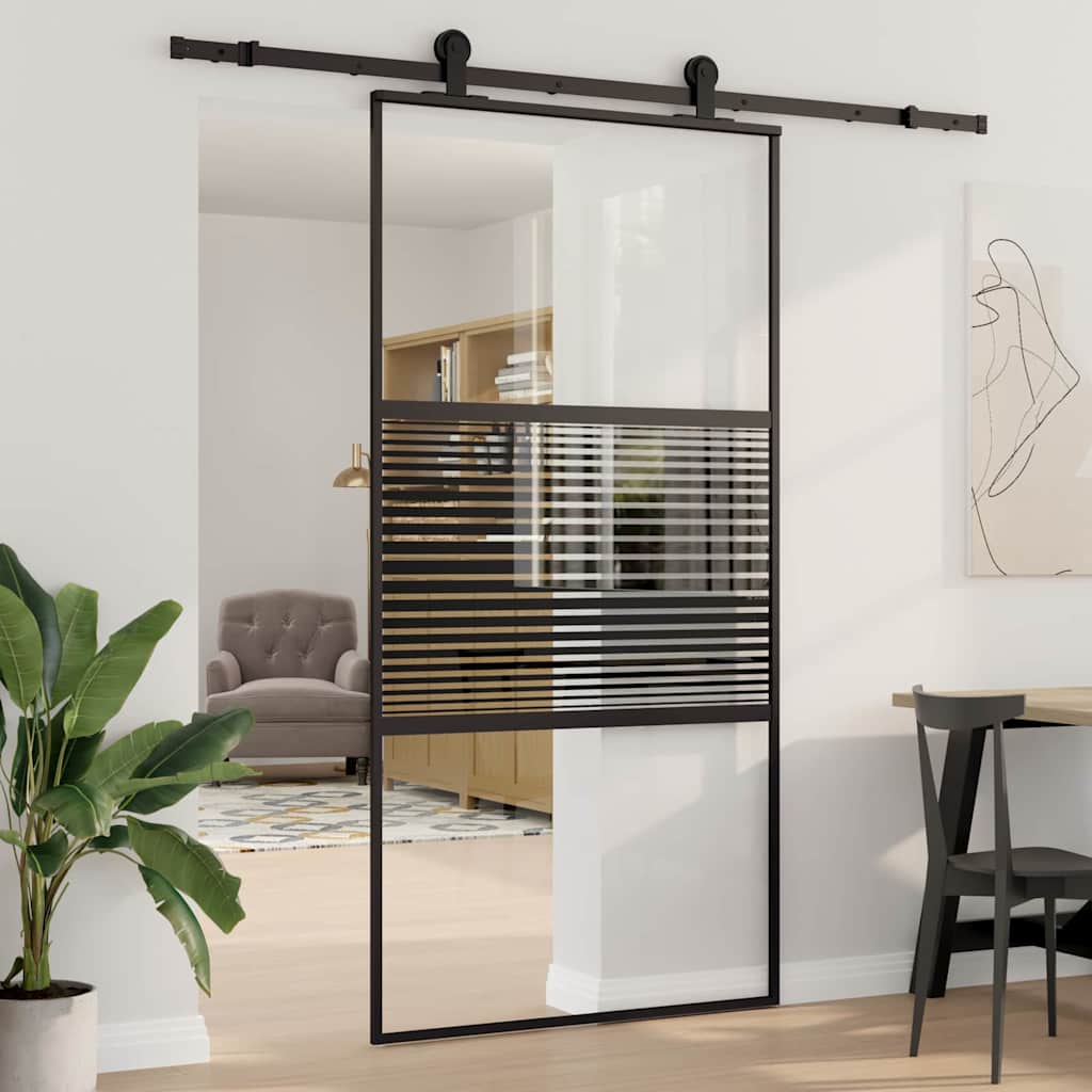 Glazen Deur Gestreept Zwart 102,5 X 2 X 205 Cm Aluminium