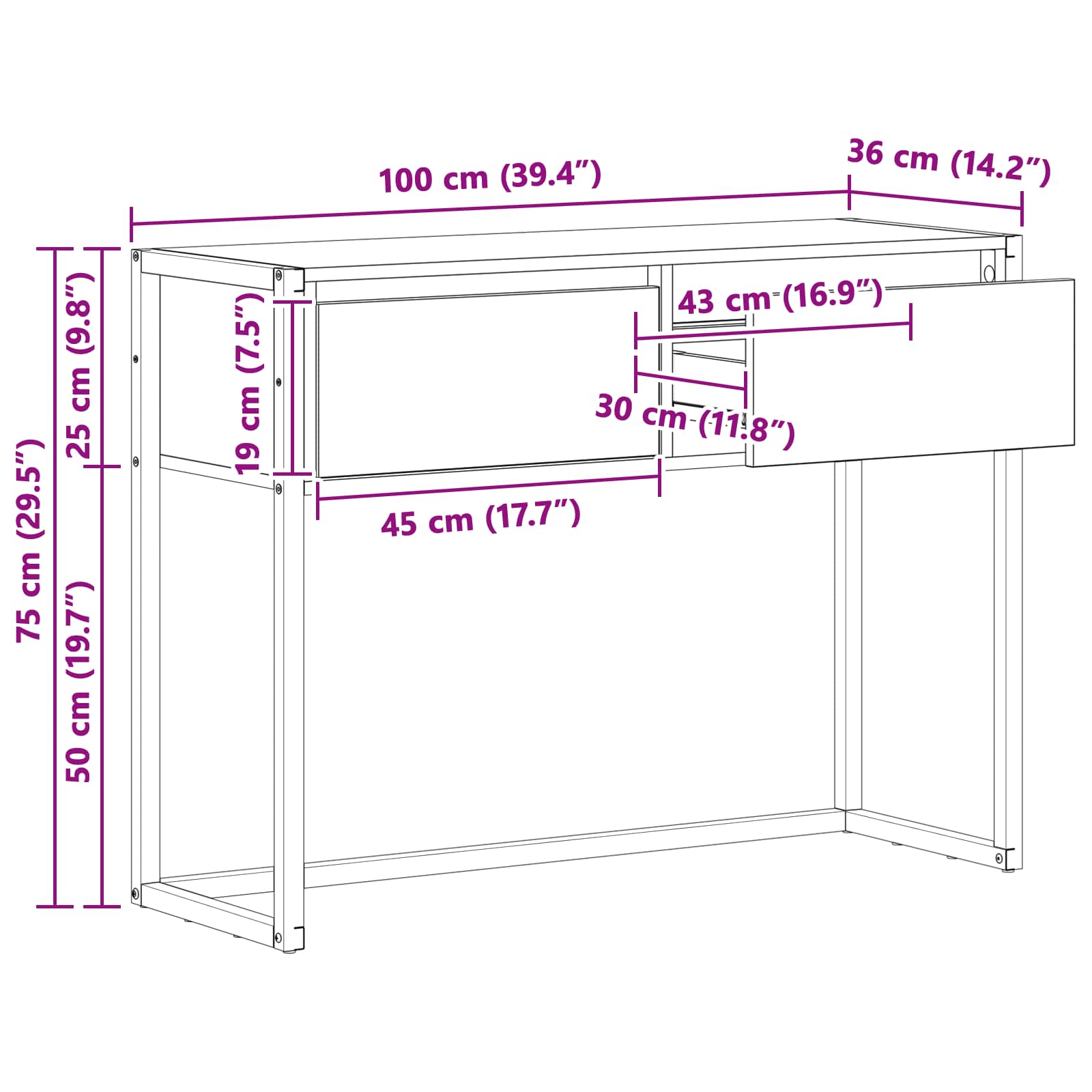 Bijzettafel Met Lade 100 X 36 X 75 Cm Bewerkt Hout
