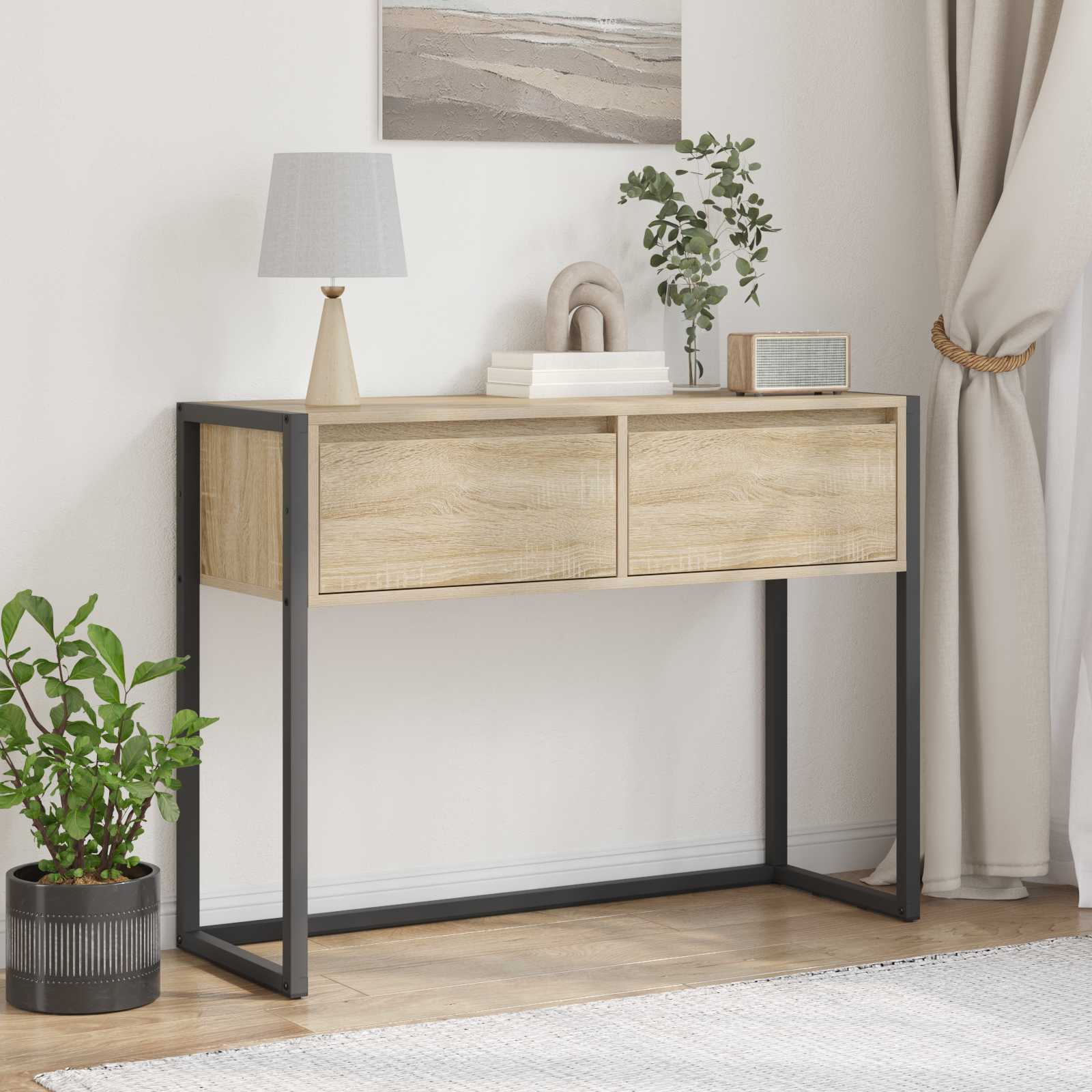Bijzettafel Met Lade 100 X 36 X 75 Cm Bewerkt Hout
