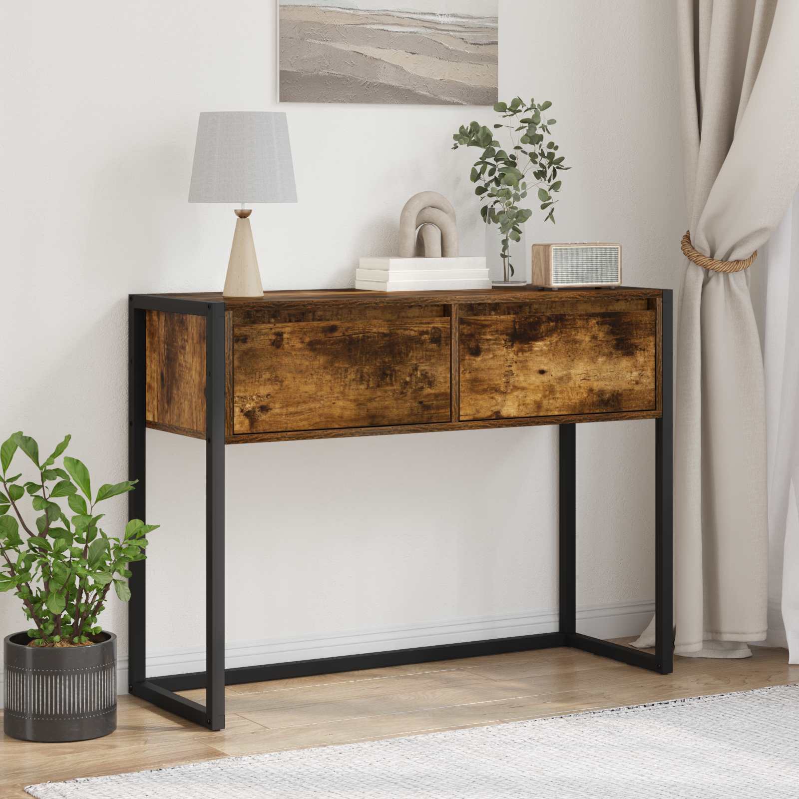 Bijzettafel Met Lade 100 X 36 X 75 Cm Bewerkt Hout